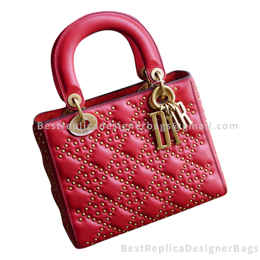 Dior Lady Dior Lambskin Studded Bag Red GHW